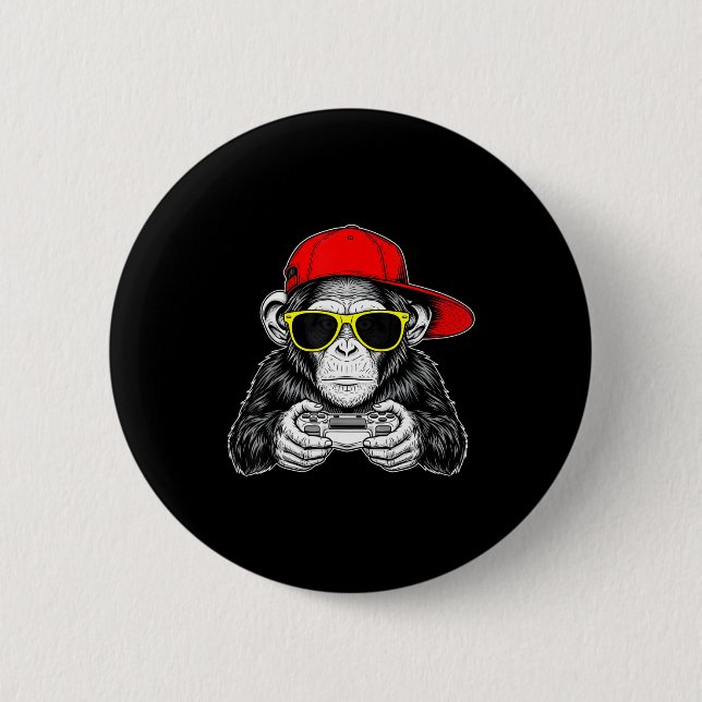 Cool Gamer Monkey With Controller Funny Gaming Vid Button (Front)