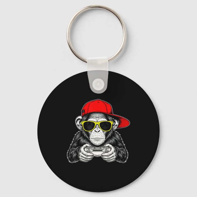 Cool Gamer Monkey With Controller Funny Gaming Vid Keychain (Front)