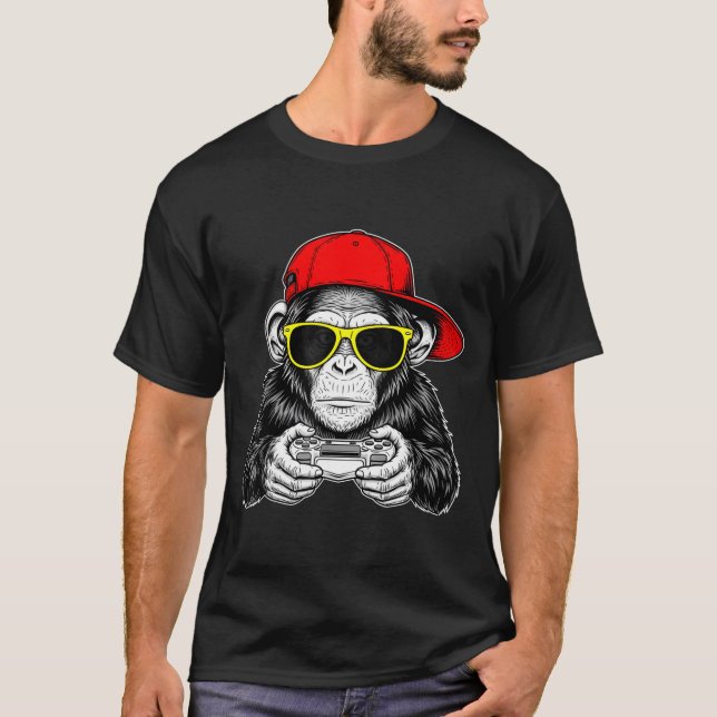 Cool Gamer Monkey With Controller Funny Gaming Vid T-Shirt (Front)