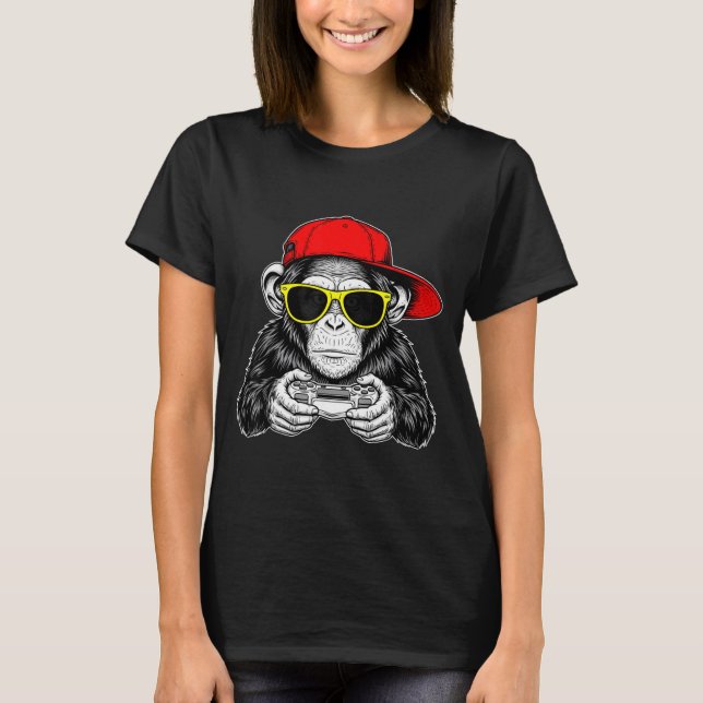 Cool Gamer Monkey With Controller Funny Gaming Vid T-Shirt (Front)