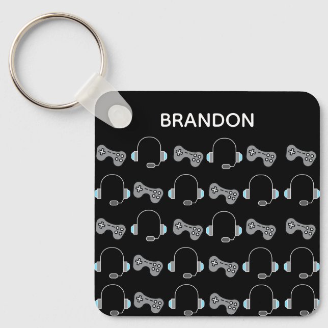 Cool Gamer Personalized Gaming Pattern Black Keychain (Front)