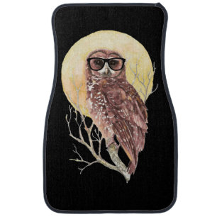 Cool Geek Owl in Glasses with Moon & Tree Humor Car Floor Mat