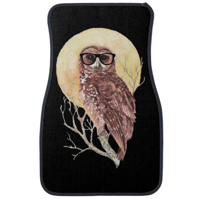 Cool Geek Owl in Glasses with Moon & Tree Humor Car Floor Mat (Front)