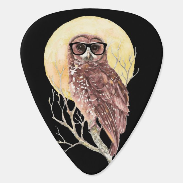 Cool Geek Owl in Glasses with Moon & Tree Humor Guitar Pick (Back)