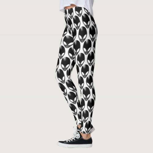 Cool Geeky Metallic Shiny Alien Head Black  White Leggings