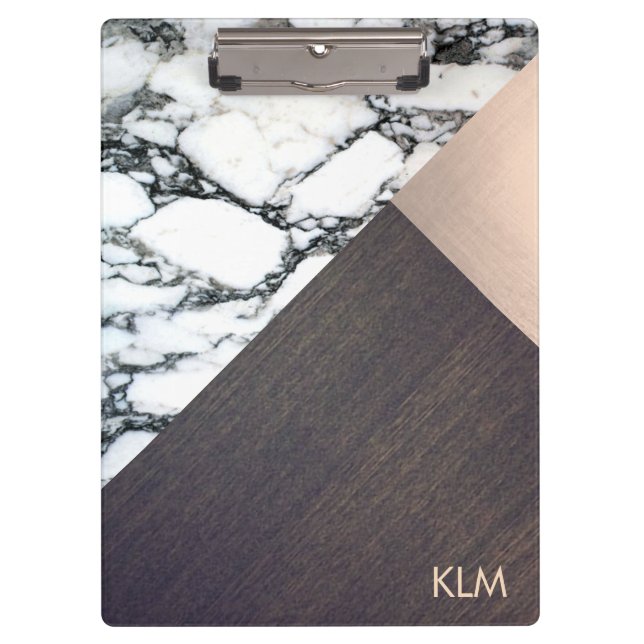 Cool Geometric Marble Wood Rose Gold Monogram Clipboard (Front)