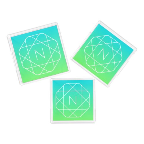 Cool Geometric Monogram  Blue  Lime Green Ombre Acrylic Tray