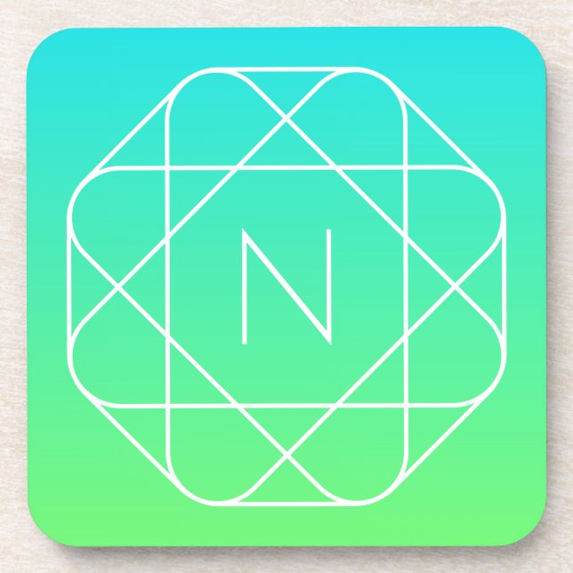 Cool Geometric Monogram | Blue & Lime Green Ombre Beverage Coaster (Front)