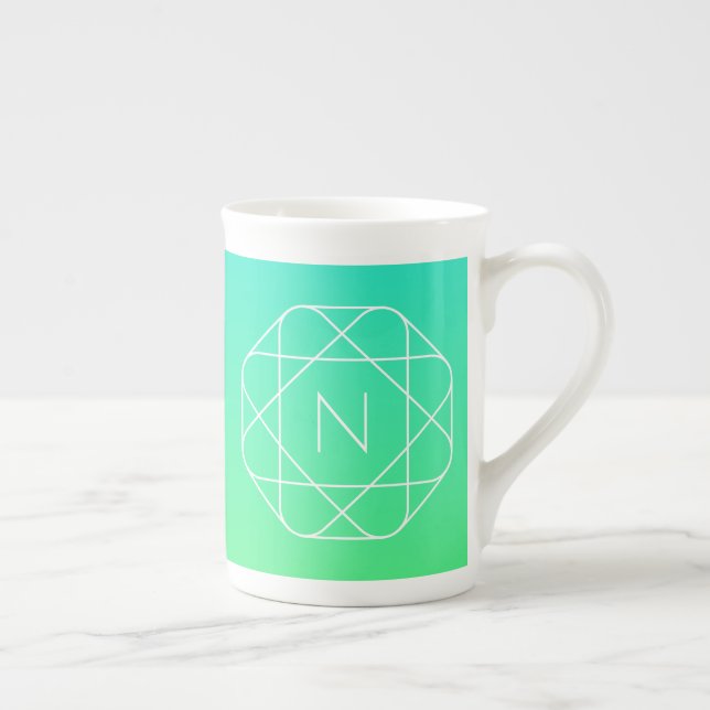 Cool Geometric Monogram | Blue & Lime Green Ombre Bone China Mug (Right)