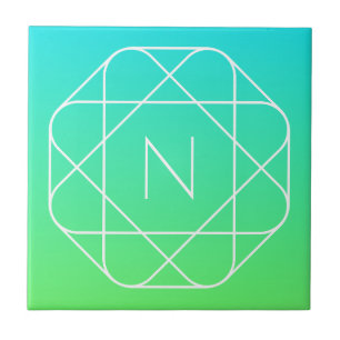 Cool Geometric Monogram   Blue & Lime Green Ombre Ceramic Tile