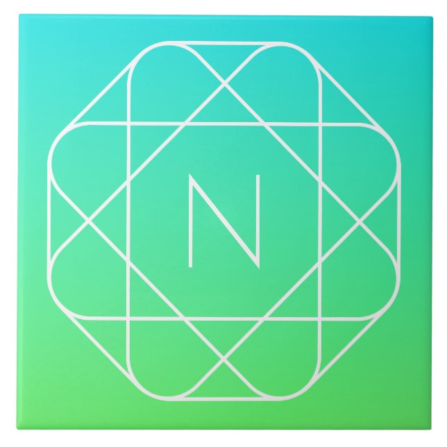 Cool Geometric Monogram | Blue & Lime Green Ombre Ceramic Tile (Front)