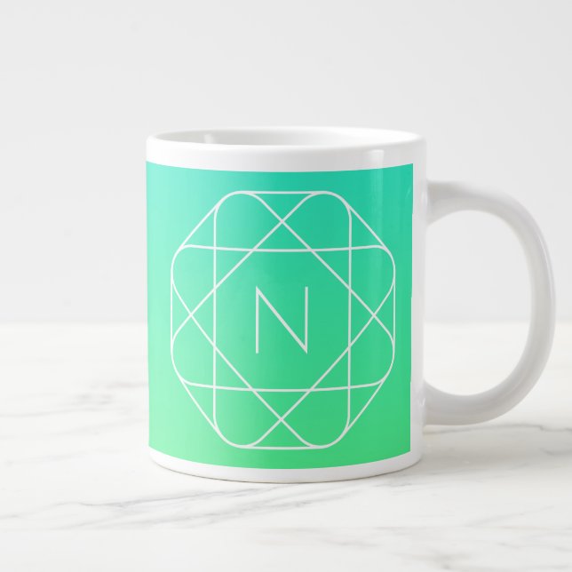 Cool Geometric Monogram | Blue & Lime Green Ombre Giant Coffee Mug (Right)