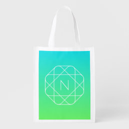 Cool Geometric Monogram | Blue &amp; Lime Green Ombre Grocery Bag