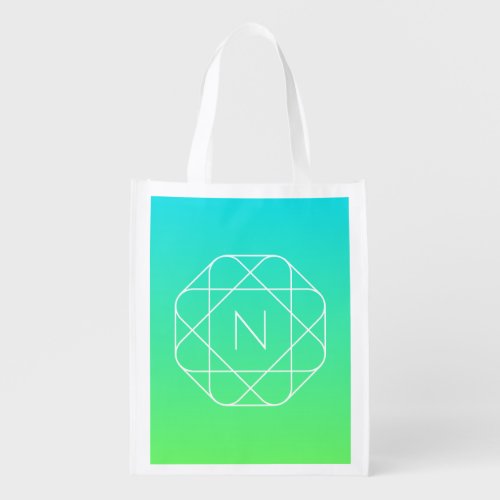Cool Geometric Monogram  Blue  Lime Green Ombre Grocery Bag