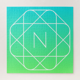 Cool Geometric Monogram Blue & Lime Green Ombre Jigsaw Puzzle