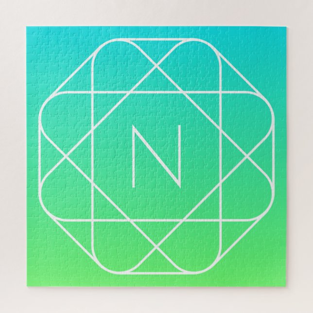 Cool Geometric Monogram | Blue & Lime Green Ombre Jigsaw Puzzle (Vertical)