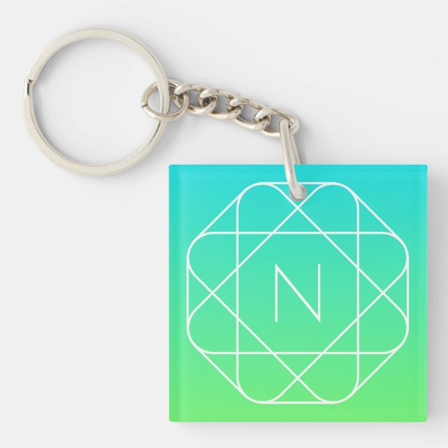 Cool Geometric Monogram | Blue & Lime Green Ombre Keychain (Front)