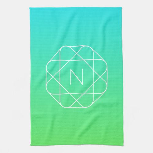 Cool Geometric Monogram  Blue  Lime Green Ombre Kitchen Towel