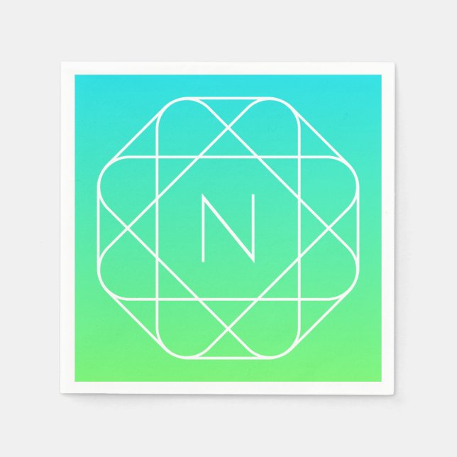 Cool Geometric Monogram | Blue & Lime Green Ombre Napkins (Front)
