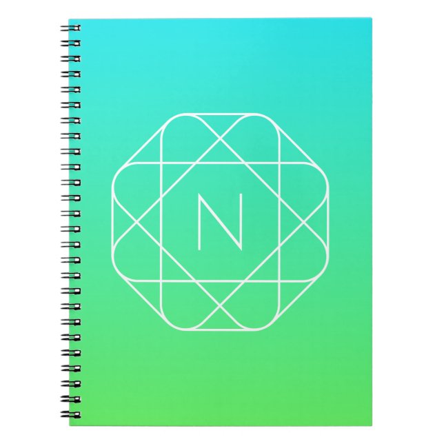 Cool Geometric Monogram | Blue & Lime Green Ombre Notebook (Front)