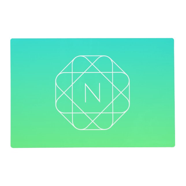 Cool Geometric Monogram | Blue & Lime Green Ombre Placemat (Back)