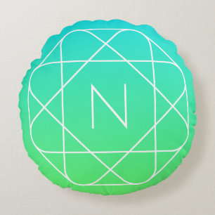 Cool Geometric Monogram Blue & Lime Green Ombre Round Pillow