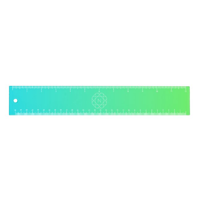 Cool Geometric Monogram | Blue & Lime Green Ombre Ruler (Front)