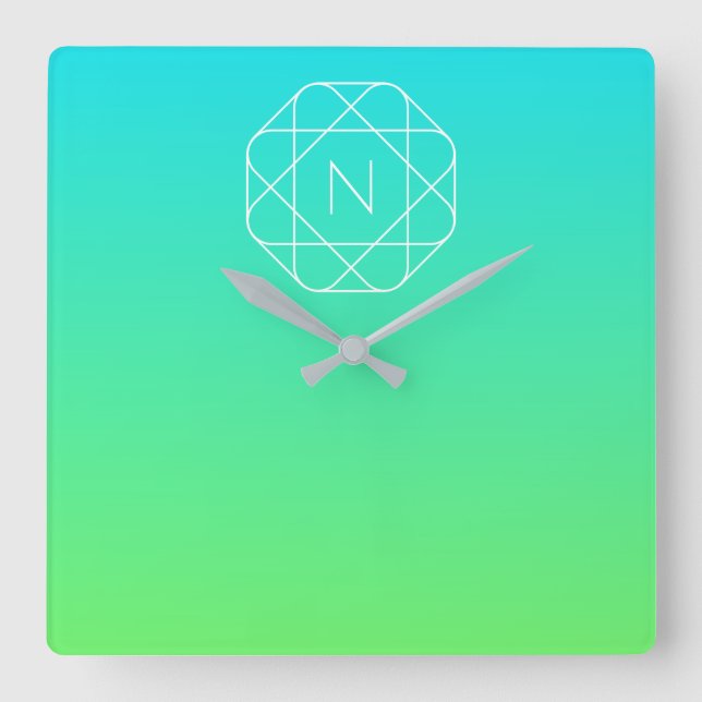 Cool Geometric Monogram | Blue & Lime Green Ombre Square Wall Clock (Front)