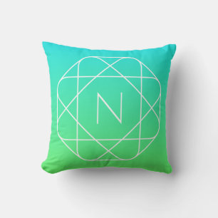 Cool Geometric Monogram Blue & Lime Green Ombre Throw Pillow