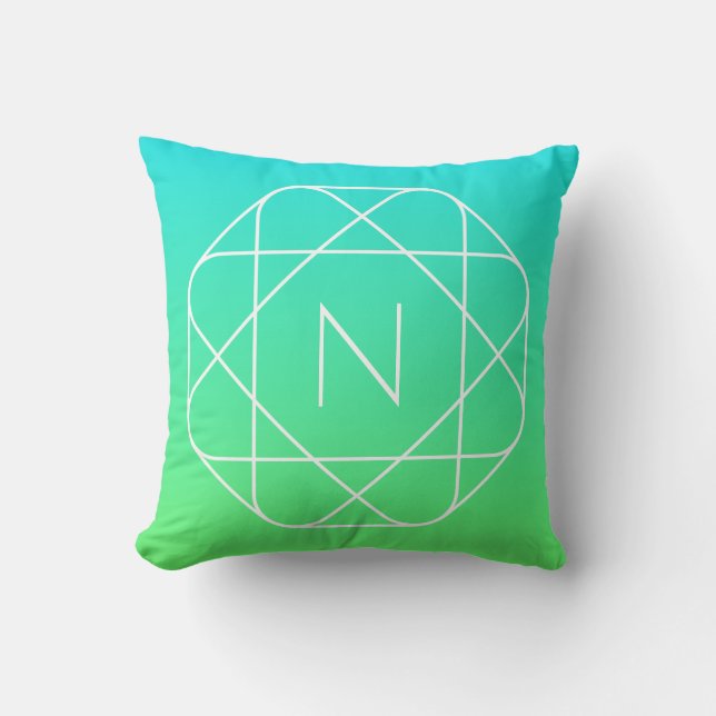 Cool Geometric Monogram | Blue & Lime Green Ombre Throw Pillow (Front)