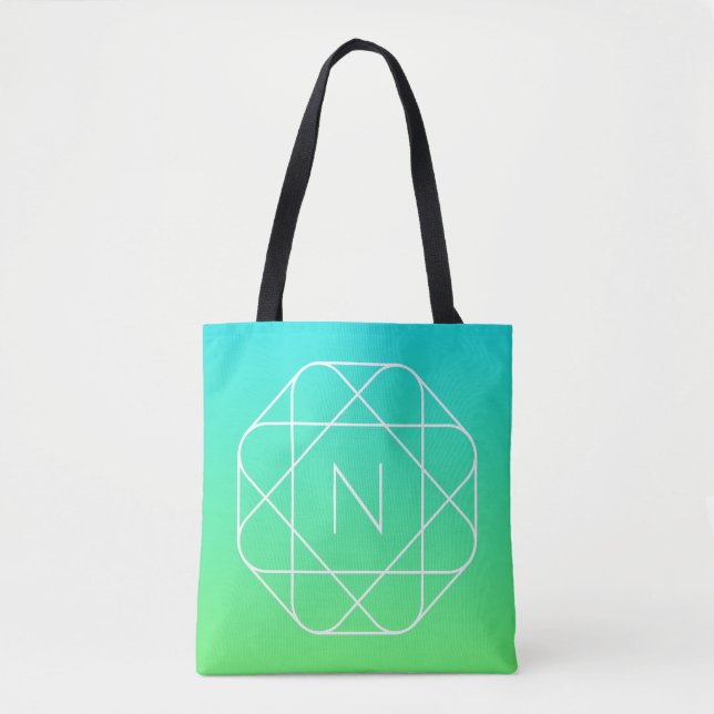 Cool Geometric Monogram | Blue & Lime Green Ombre Tote Bag (Front)