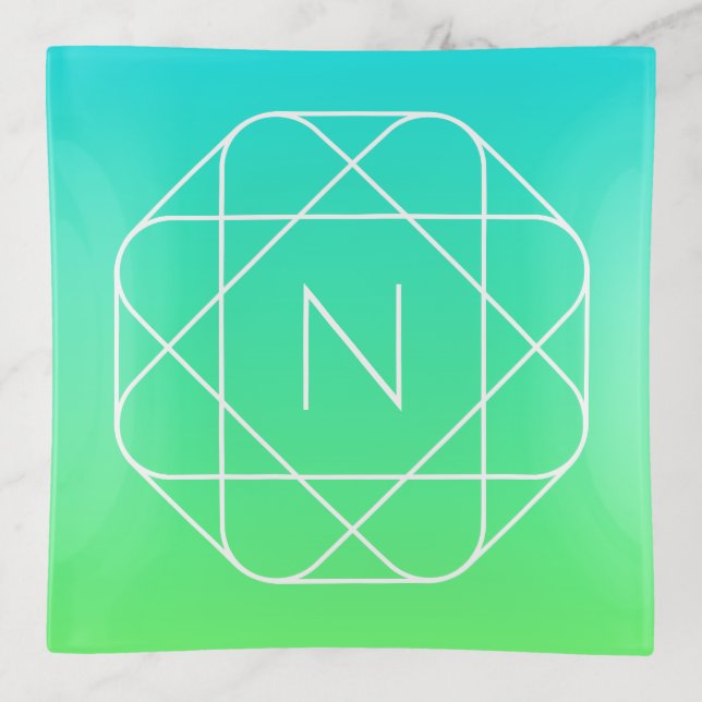 Cool Geometric Monogram | Blue & Lime Green Ombre Trinket Tray (Front)