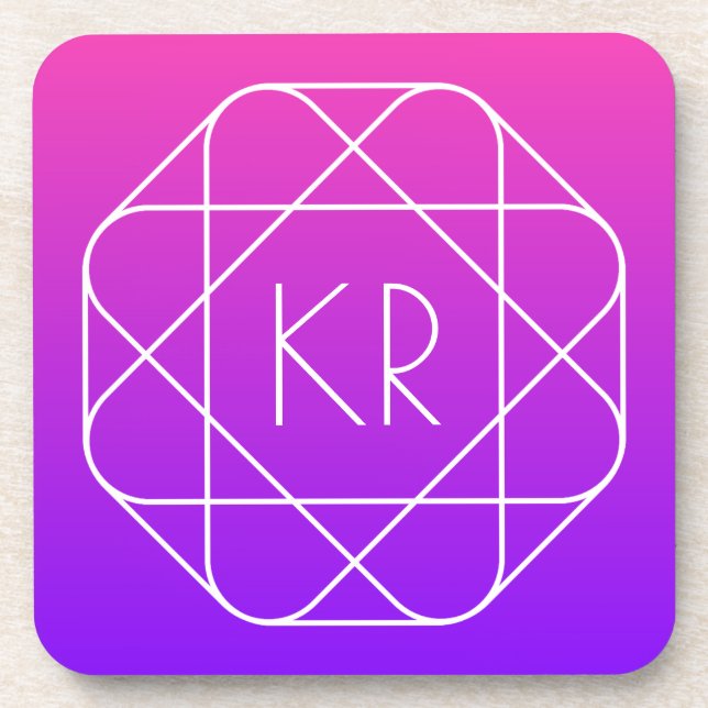 Cool Geometric Monogram | Magenta Purple Violet Beverage Coaster (Front)