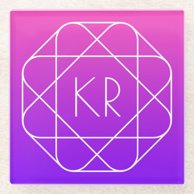 Cool Geometric Monogram | Magenta Purple Violet Glass Coaster (Front)