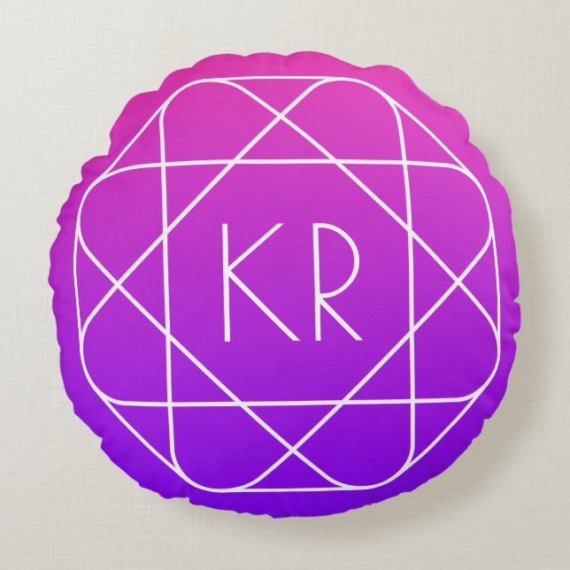 Cool Geometric Monogram | Magenta Purple Violet Round Pillow (Front)