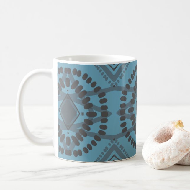Cool Geometric Pattern Blue Gray Batik Tie-Dye Coffee Mug (With Donut)