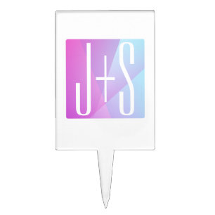 Cool Geometric Pink & Purple Couples Initials Cake Topper