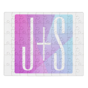 Cool Geometric Pink & Purple Couples Initials Jigsaw Puzzle