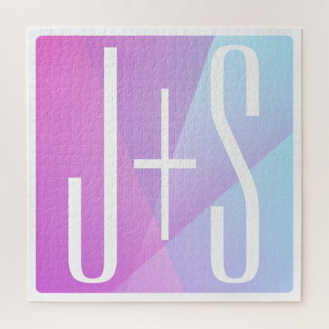 Cool Geometric Pink & Purple | Couples Initials Jigsaw Puzzle (Vertical)