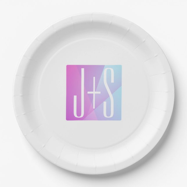 Cool Geometric Pink & Purple | Couples Initials Paper Plates (Front)