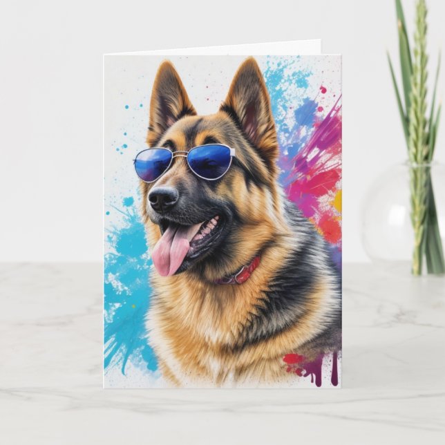 Cool German Shepherd Wearing Sunglasses Splash Art Card (Front)