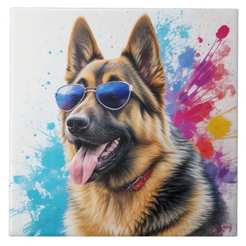 Cool German Shepherd Wearing Sunglasses Splash Art Ceramic Tile