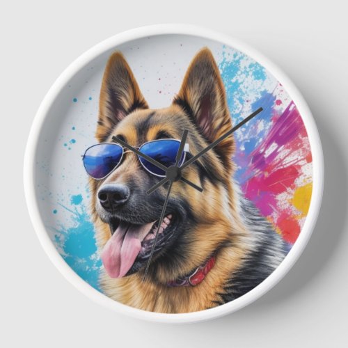 Cool German Shepherd Wearing Sunglasses Splash Art Clock