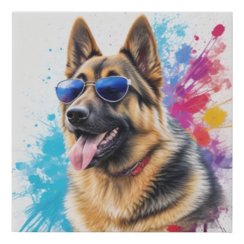 Cool German Shepherd Wearing Sunglasses Splash Art Faux Canvas Print