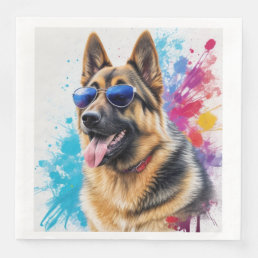 Cool German Shepherd Wearing Sunglasses Splash Art Paper Dinner Napkins