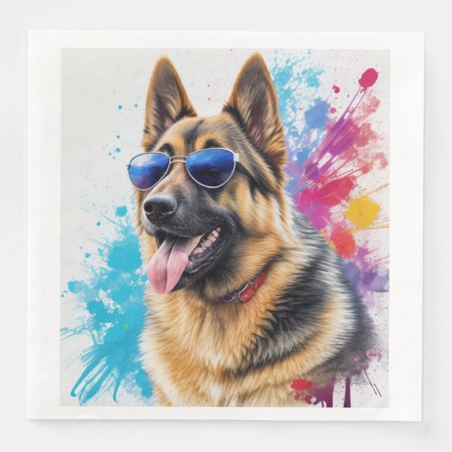 Cool German Shepherd Wearing Sunglasses Splash Art Paper Dinner Napkins (Front)