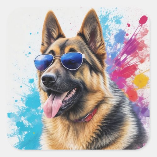 Cool German Shepherd Wearing Sunglasses Splash Art Square Sticker