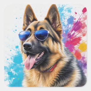 Cool German Shepherd Wearing Sunglasses Splash Art Square Sticker