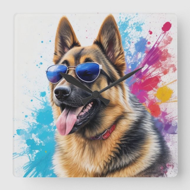 Cool German Shepherd Wearing Sunglasses Splash Art Square Wall Clock (Front)