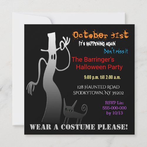 Cool Ghost and Cat Halloween Costume Party Invitation